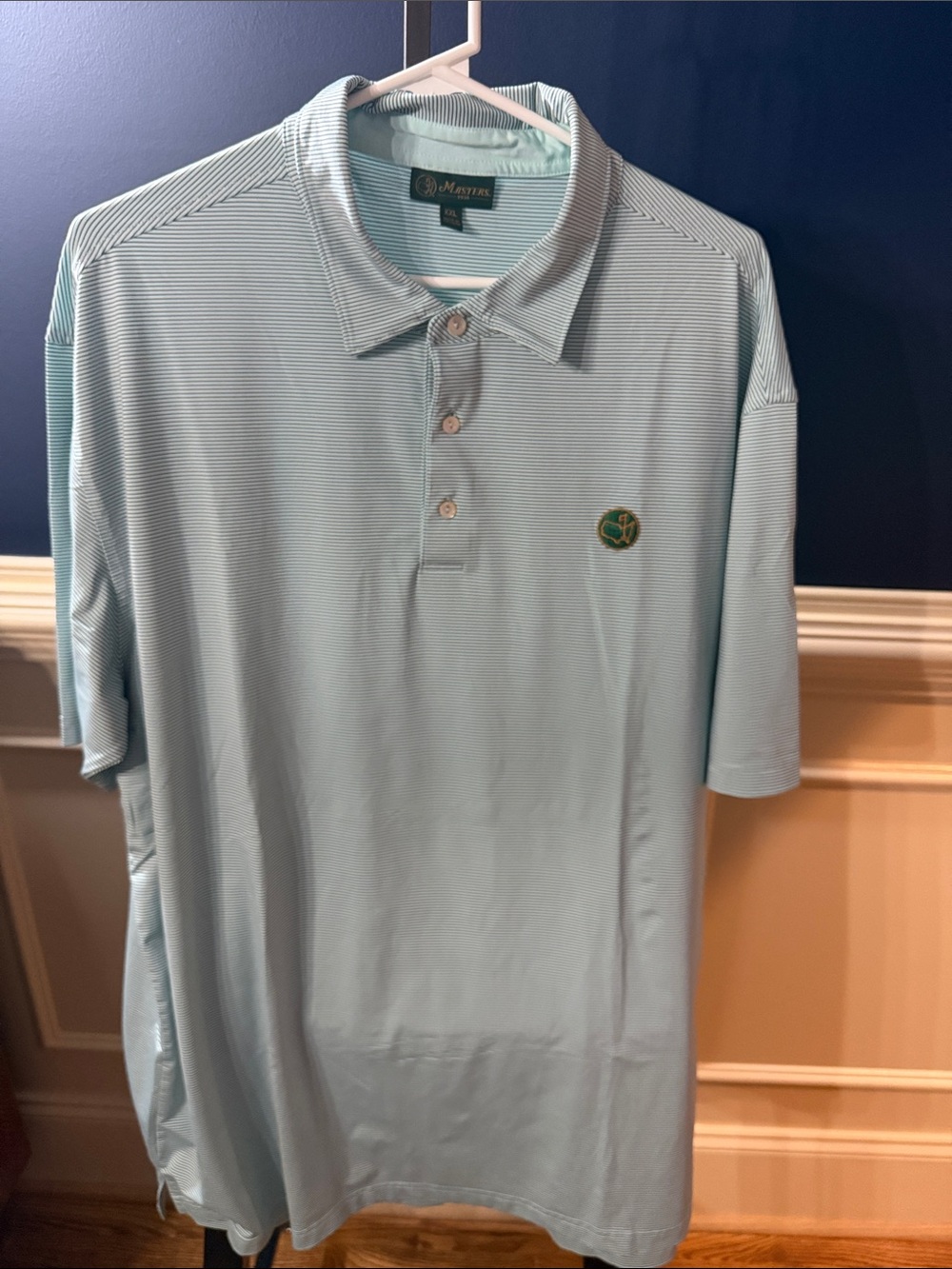 Masters Light Aqua Striped Polo Shirt with Berckman’s Place Masters Logo